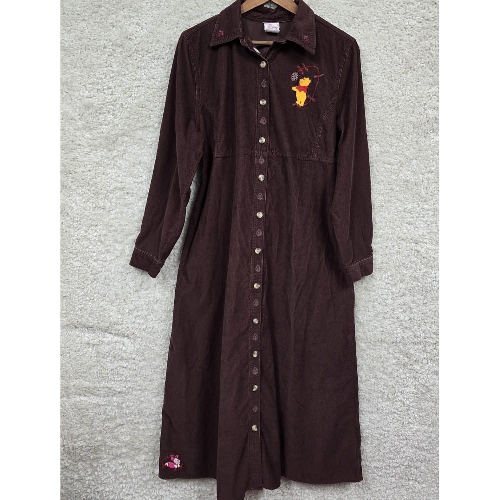 Vintage Disney Winnie the Pooh Women L Brown Corduroy Button Front Maxi Dress